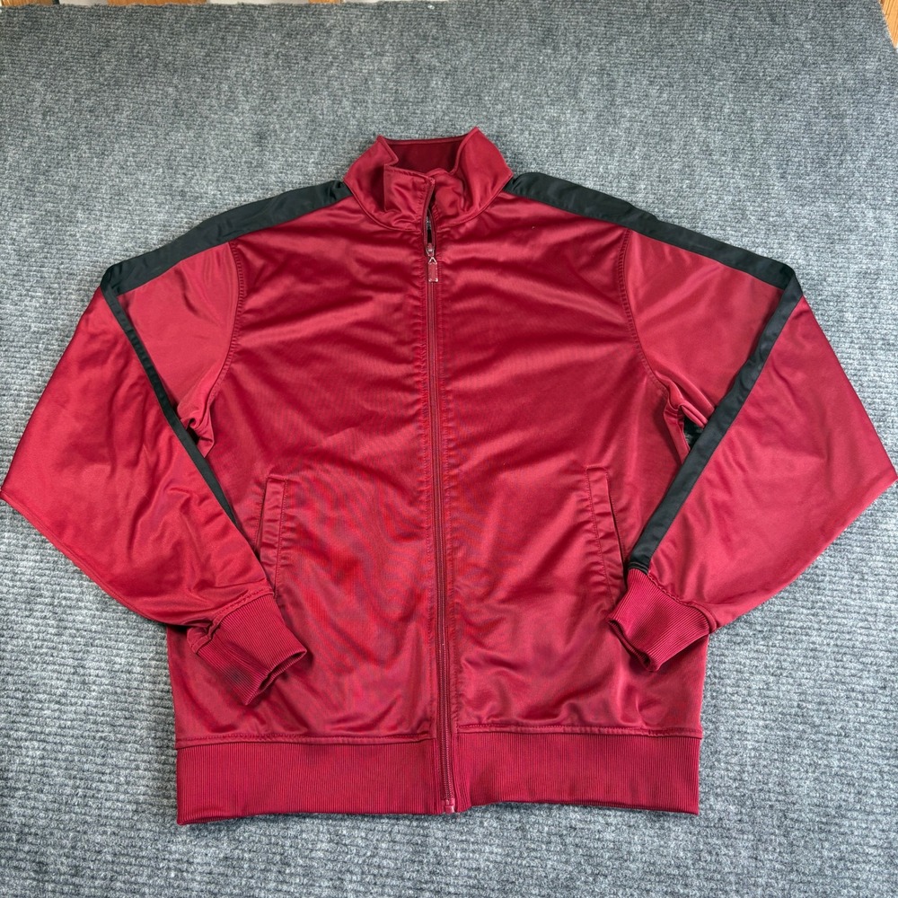 Noiz Mens XL Track Jacket Burgundy Red Black Striped Full Zip Mock Neck Mockup